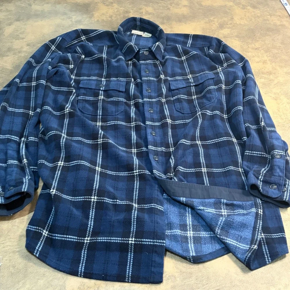 LL Bean Fleece Shirt Jacket Mens XL Tall Blue Plaid Button Up Shacket 273075